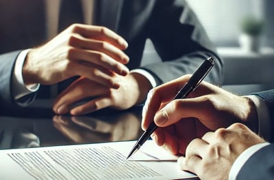 zwei Männer in Anzug und Krawatte sitzen an einem Tisch