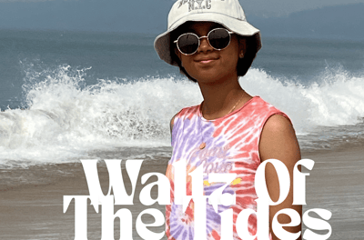 Shreyashi Tripathy, Indian pianist and composer, featured on the elegant and rhythmic album cover 'Waltz of the Tides'