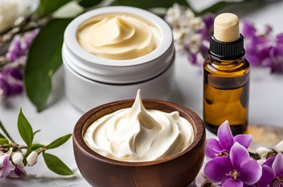 a bowl of whipped cream with a bottle of essential oil