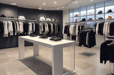 A store interior with neatly arranged clothing displayed on hangers, including tie-dye and graphic tees. Skateboard decks and various merchandise on shelves and in glass display cases. A checkerboard floor and subdued lighting with purple hues create a cozy atmosphere.