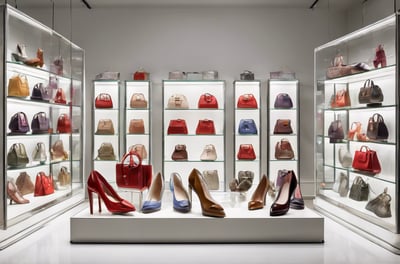glass display case with matching bags and shoes