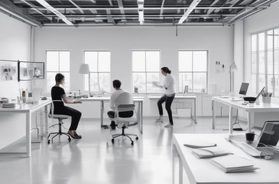 A well-lit, modern stationery store with neatly organized shelves filled with various stationery items. The ceiling features geometric wooden decorations and bright overhead lights. Merchandise includes pens, notebooks, and colorful packaging. Walls are decorated with minimalist art and signs, and there's an exit sign visible above one section.