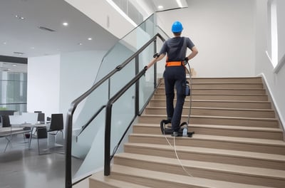 Three individuals engaged in cleaning large glass doors. One person is using a broom or mop to scrub the glass, another is spraying water, and the third person is wearing a hard hat and a safety vest. There are construction materials in the foreground.