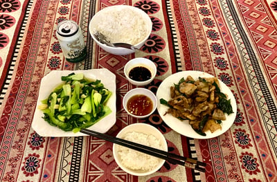 a table with a variety of food items