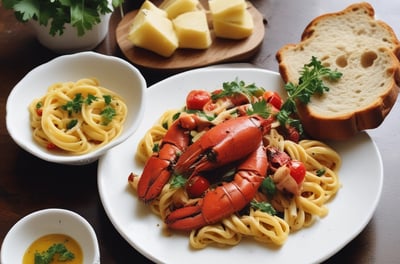 A wooden table is set with a variety of Italian dishes, including several pizzas with different toppings, a fresh green salad with cherry tomatoes and croutons, and a serving of pasta in a glass container. There are small bowls of chili flakes and white dipping sauce, along with slices of toasted bread. Beverages in clear glasses are also visible, likely iced tea and beer. Utensils like a knife and fork are neatly placed nearby.