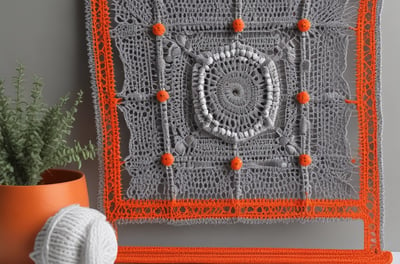 A large, intricately woven handbag featuring a crochet pattern in vibrant orange with yellow accents. The bag is placed on a white cloth, and the handles are wrapped with a textured, braided design.