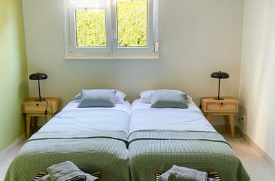 a bedroom with two beds and a lamp