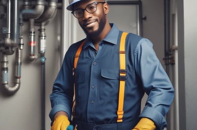 A metro train is positioned inside a maintenance facility. The train is elevated above the ground, supported by a track system, allowing for inspection or repairs. Various equipment and tools are visible around the area, with bright lighting illuminating the space. A worker is seen in the background, suggesting an active maintenance process.