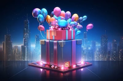 a birthday present with balloons and balloons