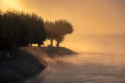 Konstanz am Bodensee – stimmungsvolle Morgendämmerung am Seeufer mit Nebel und sanftem Licht