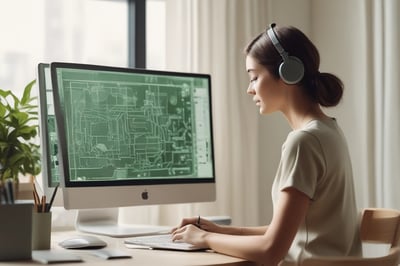 a woman sitting at a desk with a computer monitor and headphones
