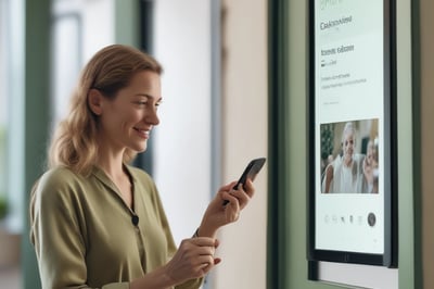 a woman in a green shirt is holding a cell phone