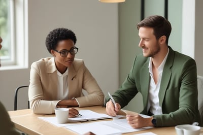 a man and woman sitting at a table with papers