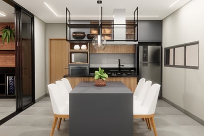 cozinha moderna cinza e madeira de uma consultoria de interiores