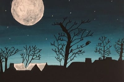 Peinture nocturne inspirante, avec une lune brillante au-dessus d'un horizon calme