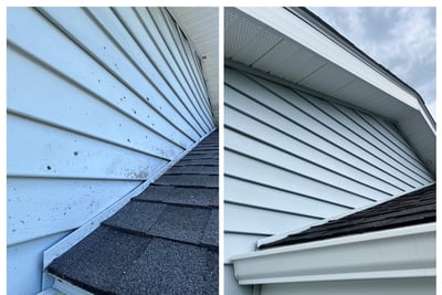 Before and after soft washing upper house siding and eaves