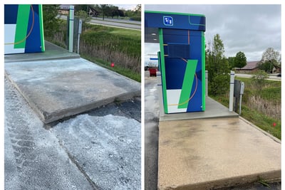 Before and after pressure washing a concrete pad at a commercial property