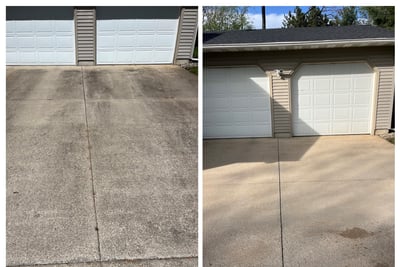 Before and after pressure washing a dirty concrete driveway