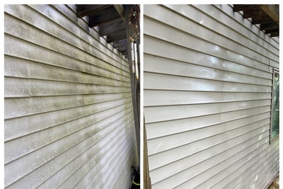 Before and after pressure washing vinyl house siding