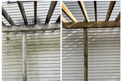 Before and after pressure washing siding and wooden pergola beams
