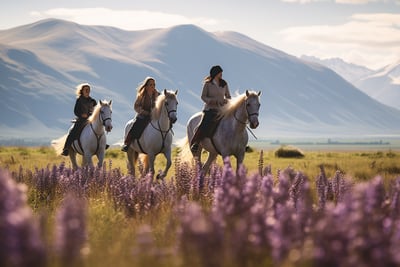 three female riders riding through a field of wildflowers in New Zealand