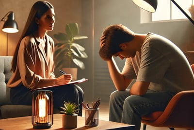 a man and woman sitting on a couch in a living room