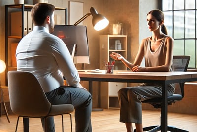 a man and woman sitting at a desk in a room