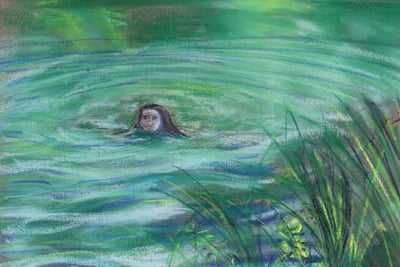 girl swimming in green water and grasses on the banks. drawn with pastels
