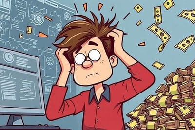 A cartoon showing someone pulling their hair out while looking at complex software, or piles of mone