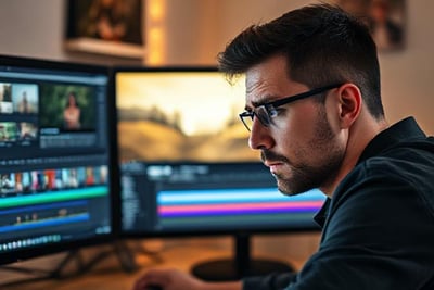 A person looking frustrated at a computer screen with complex video editing software