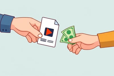 Cartoon of someone handing a video file to another person, with money changing hands