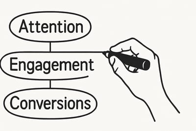 An animated hand drawing lines connecting "Attention," "Engagement," and "Conversions