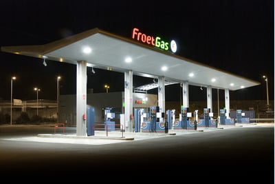Gas station at night secured by fire detection sensors and AI-based alert systems