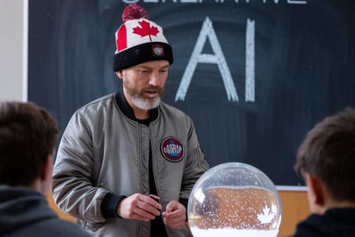 An image of a professor looking into a crystal ball, wearing a toque with the Canadian flag on it