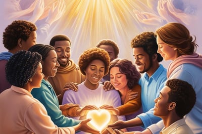 a group of people holding hands in front of a heart