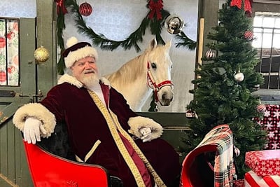 Santa Claus with a white horse at Northwestern Stables Horses and Bazaar
