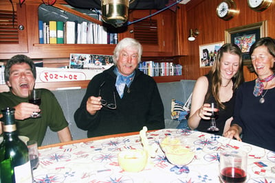 Tom Cunliffe on board S/Y Albatross sharing drinks with friends