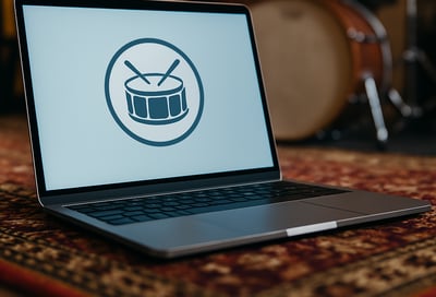 a laptop computer screen with a drum kit and drums