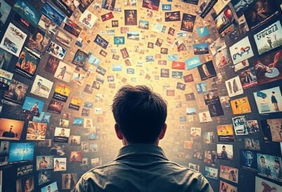  a person looking lost in a sea of conflicting ad images, or a visual representing "noise" vs. "clea