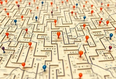 A visual metaphor for navigating complexity, like a maze or a map with data points.