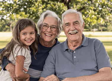 A picture of a elder couple with a child.