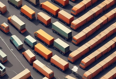 Aerial view of an industrial area with a large warehouse on the right side, multiple shipping containers, and trucks parked in an organized manner. The adjacent road shows traffic markings, a single red bus, and several cars. Vegetation and buildings are visible, adding an urban feel.