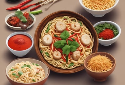 A pot filled with cooked noodles mixed with sliced green bell peppers and carrots, accompanied by a wooden spatula. Beside the pot, there is a red container with Korean writing on the label.