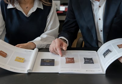 a man and woman sitting at a table with a catalogue of Chinese products