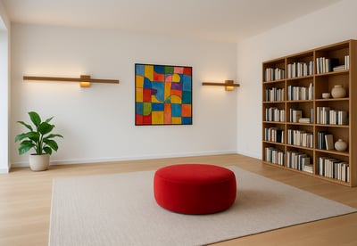 a living room with a red ottoman and a red ottoman