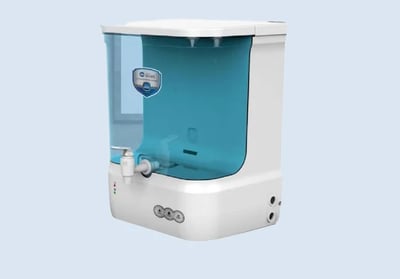 a water filtrator with a blue and white background