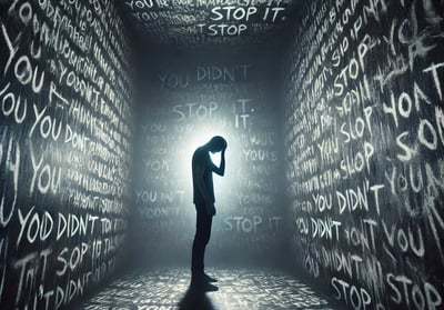 A figure stands in a room filled with haunting messages, symbolizing guilt, regret, and psychological breakdown