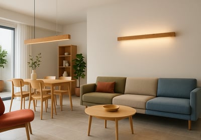soggiorno living con applique e sospensione tavolo in legno led modern