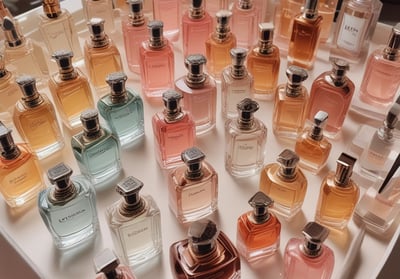 Multiple bottles of fragrance oil are neatly arranged on wooden shelves. The bottles vary in size and have labels with text both in English and another language. The lighting is warm, highlighting the sleek, dark-colored containers.