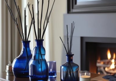 A collection of artisan candles with dried flowers and herbs embedded in the wax is arranged on a wooden surface. The candles vary in size, with some in glass containers. The dried flowers include lavender and rose petals, adding a rustic and handmade aesthetic. Soft lighting enhances the warm and cozy atmosphere.